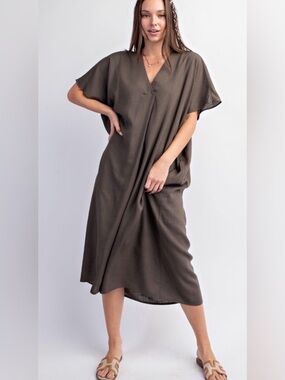 Relaxed V-Neck Rayon/Linen kaftan Midi Dress in Olive Brown